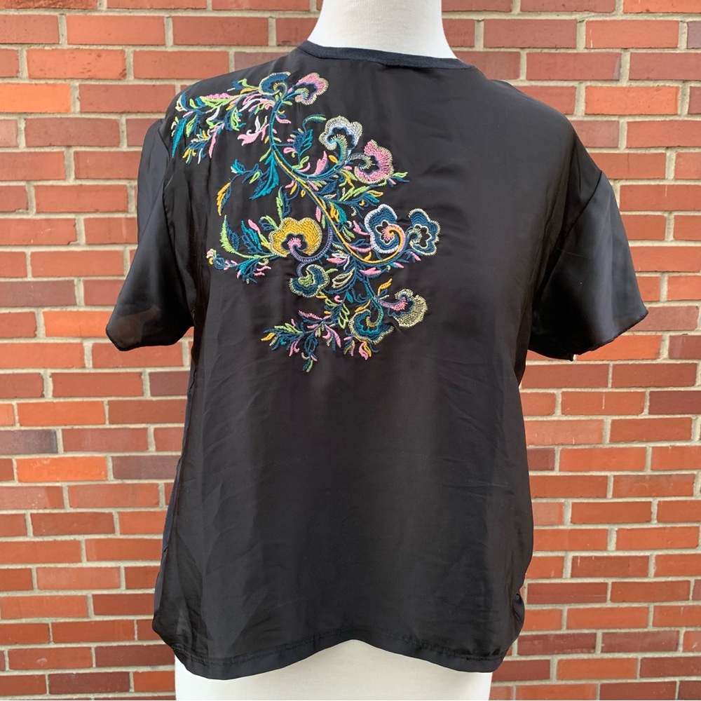 Zara boho embroidered blue pink yellow floral black blouse with sheer sleeves- S